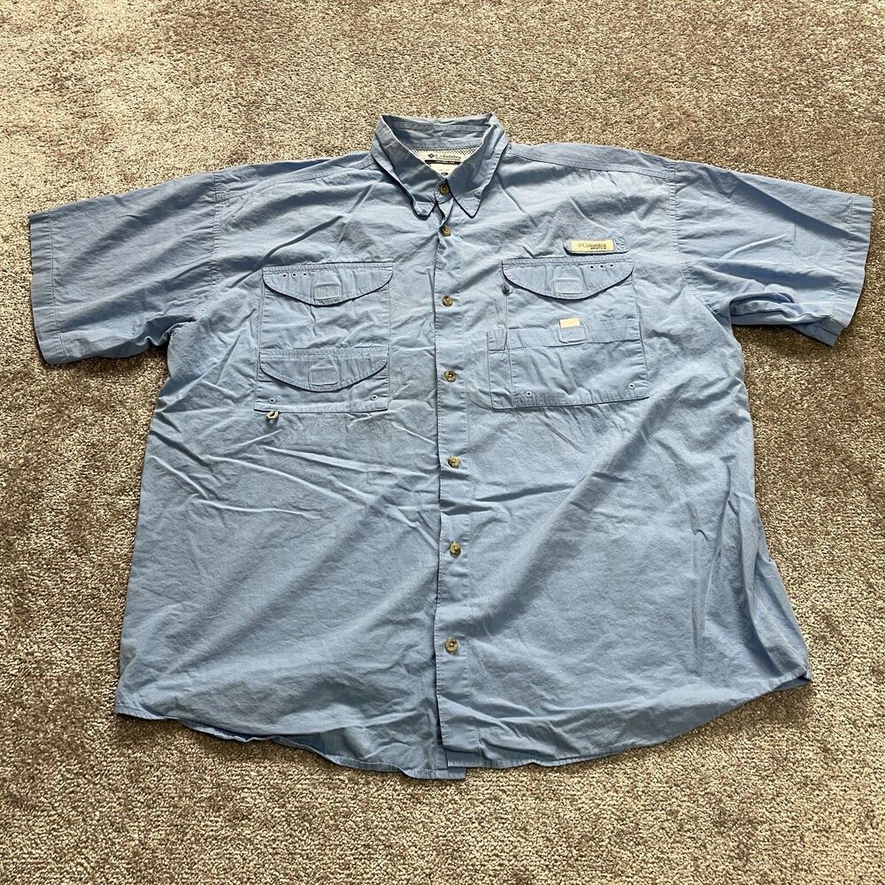 Columbia PFG Button Up Shirt Mens XL Light Blue Short Sleeve Fishing Outdoor Tee